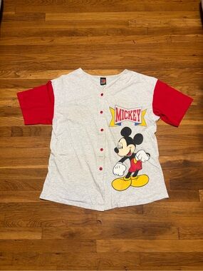 Mickey Mouse Adult Short Sleeve Button Front Top - Red & Gray